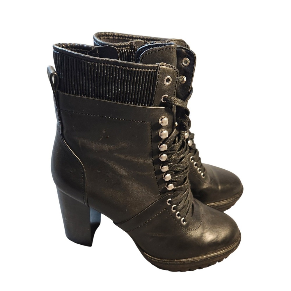 Vince Camuto Ermania Black Leather Lace Up Ankle Boots‎ Platform Lug Heel 8.5M